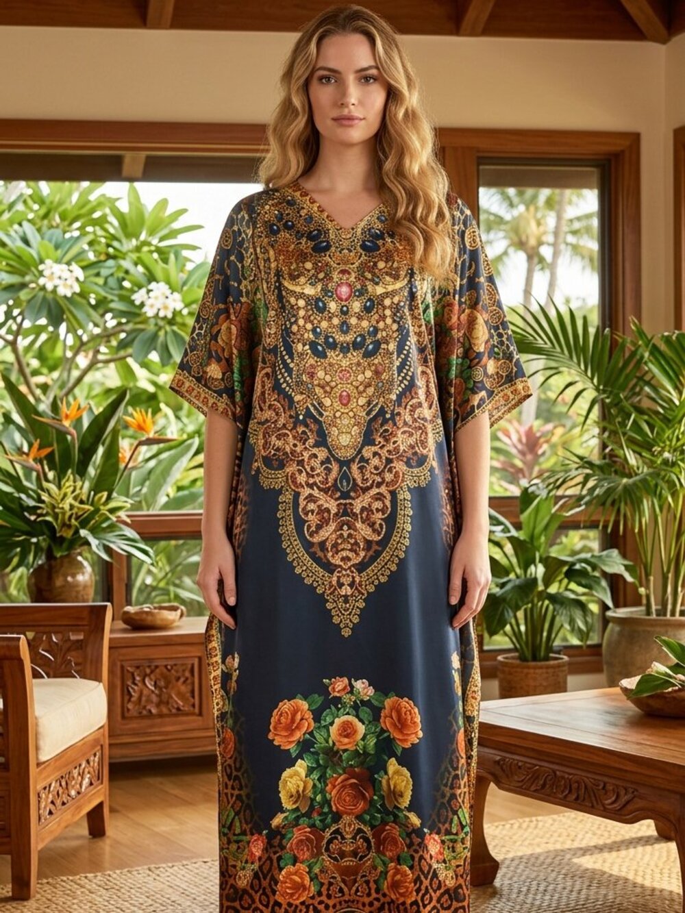 Navy Blue Ornate Floral Print Satin Kaftan Plus Size for Woman